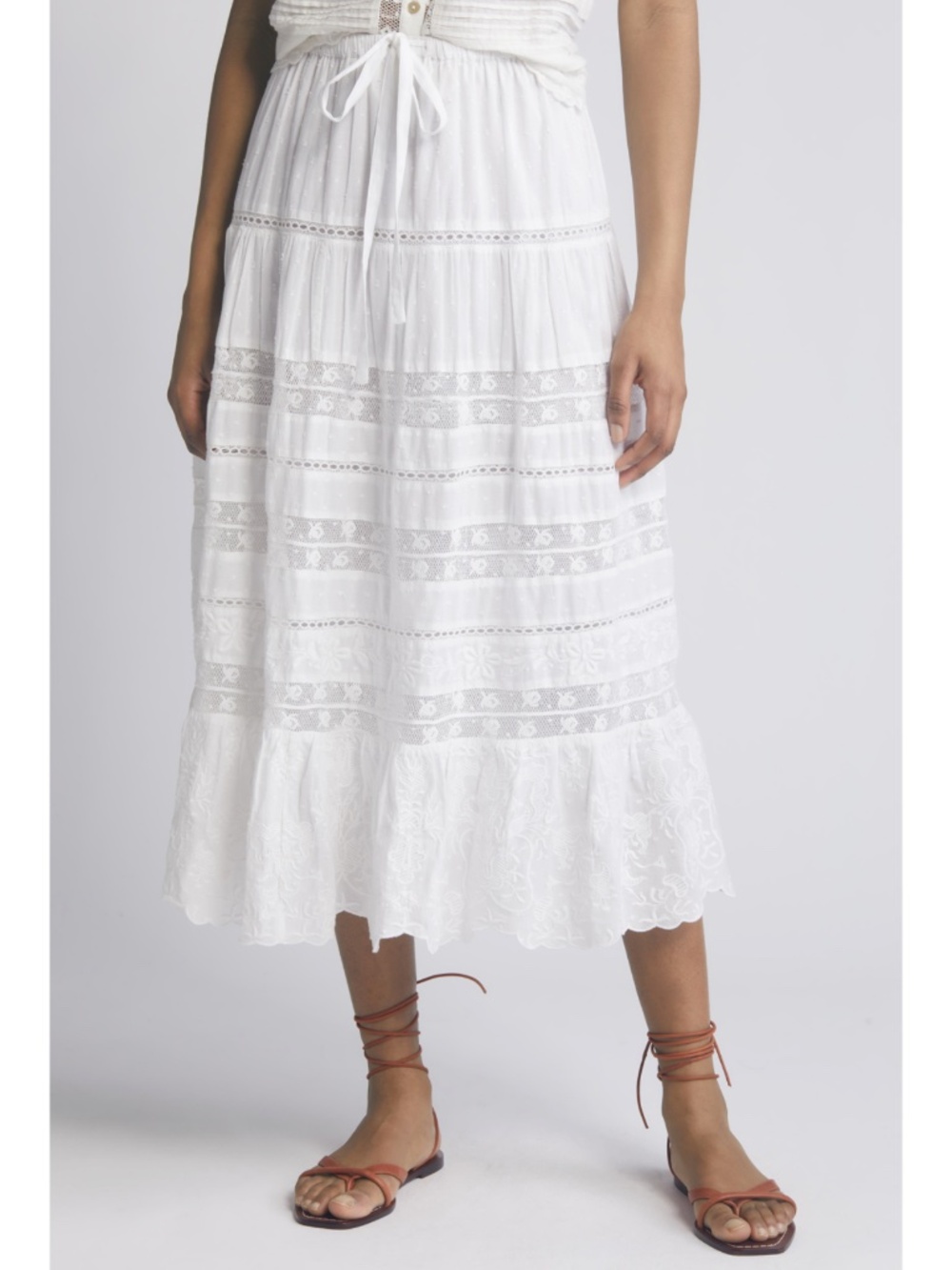 LoveShackFancy White Embroidered Midi Donna Lace Tie Waist Skirt Size 10